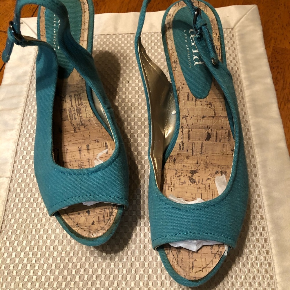 Adorable sling back aqua fabric wedges  cork heel